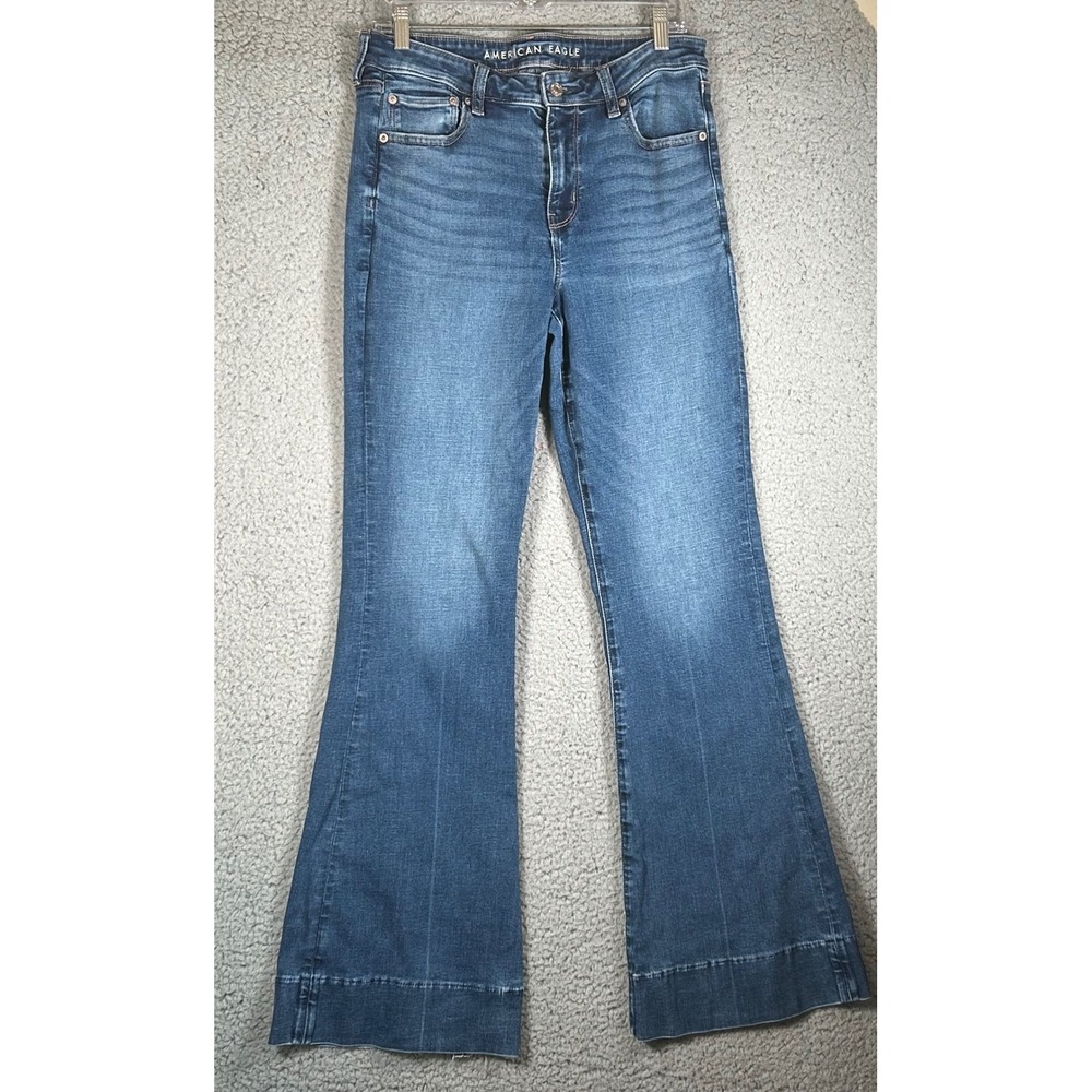 American Eagle High Rise Flare Jean Medium Wash Blue Wide Leg Denim 10 Long